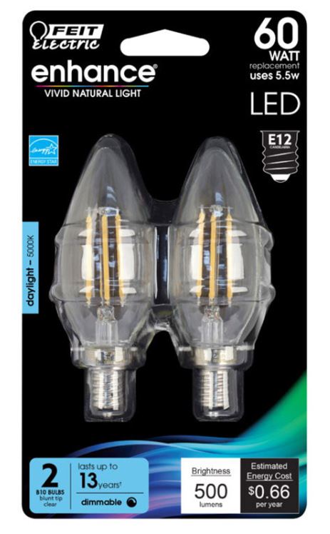 FEIT Electric Enhance B10 E12 (Candelabra) Filament LED Bulb Daylight 60 Watt Equivalence 2 pk