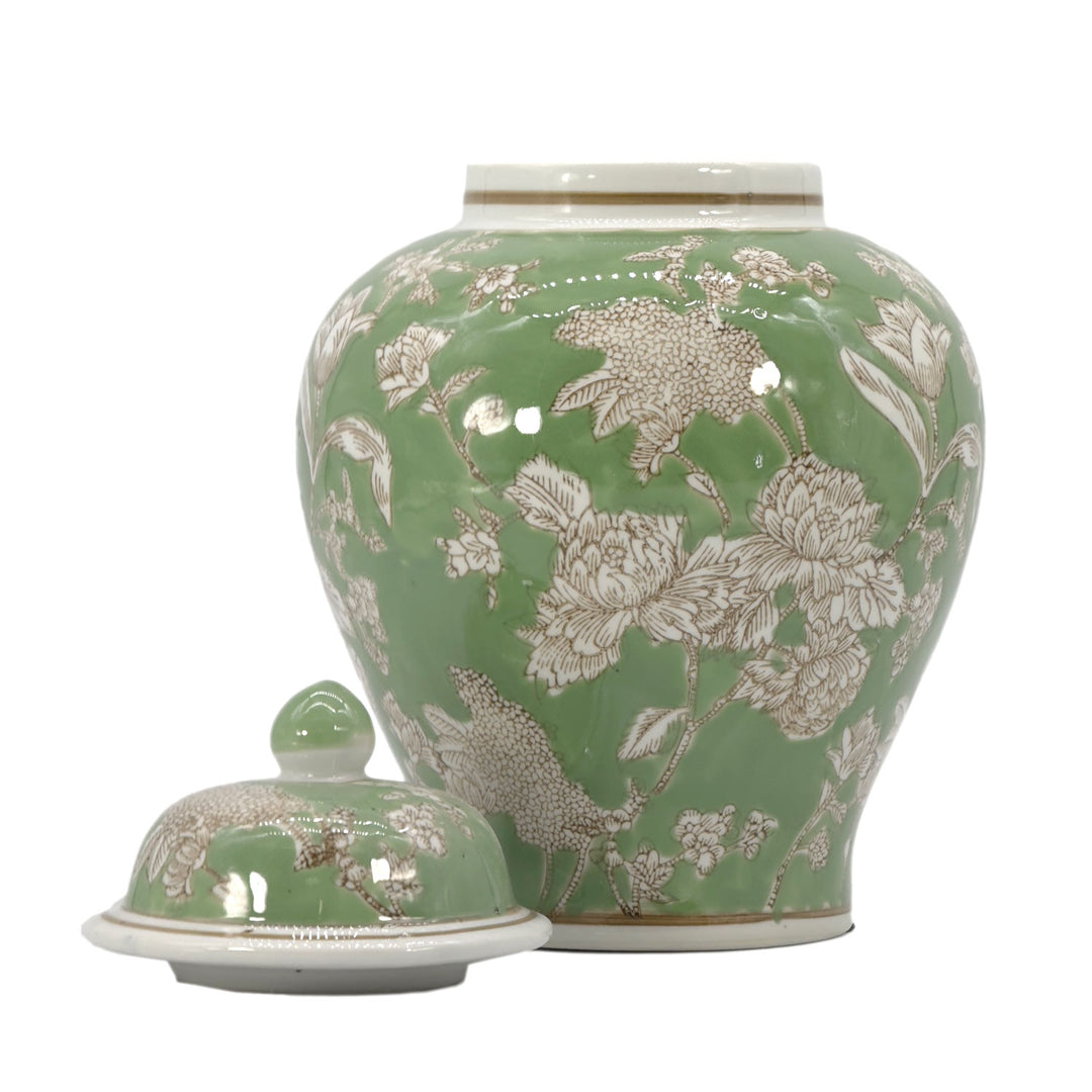 Green & White Floral Peony Ceramic Chinoiserie Jar