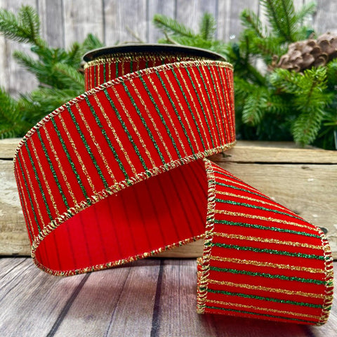 Velvet Striped Ribbon - Red with Gold and Green Stripes