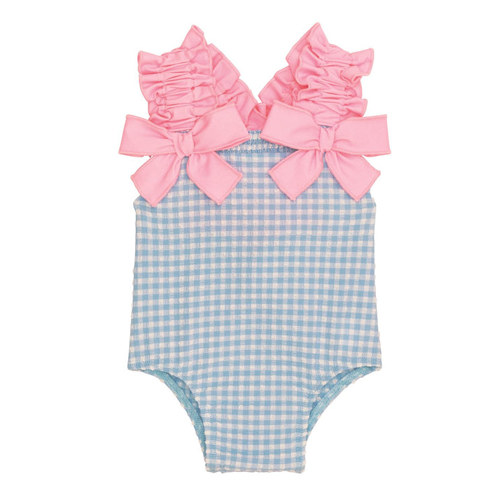Girl's Blue Crinkle Check Swimsuit