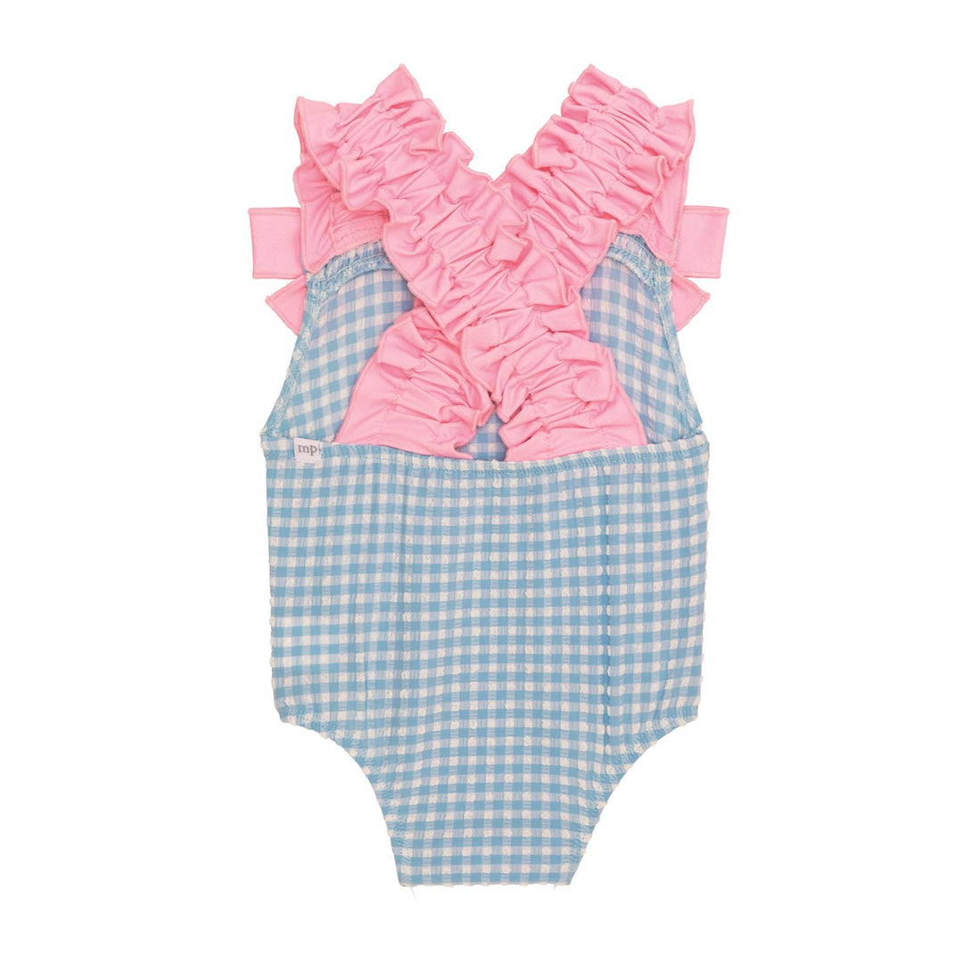 Girl's Blue Crinkle Check Swimsuit