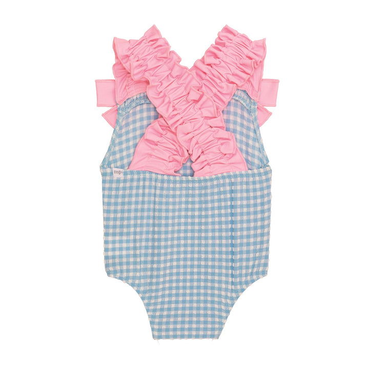 Girl's Blue Crinkle Check Swimsuit