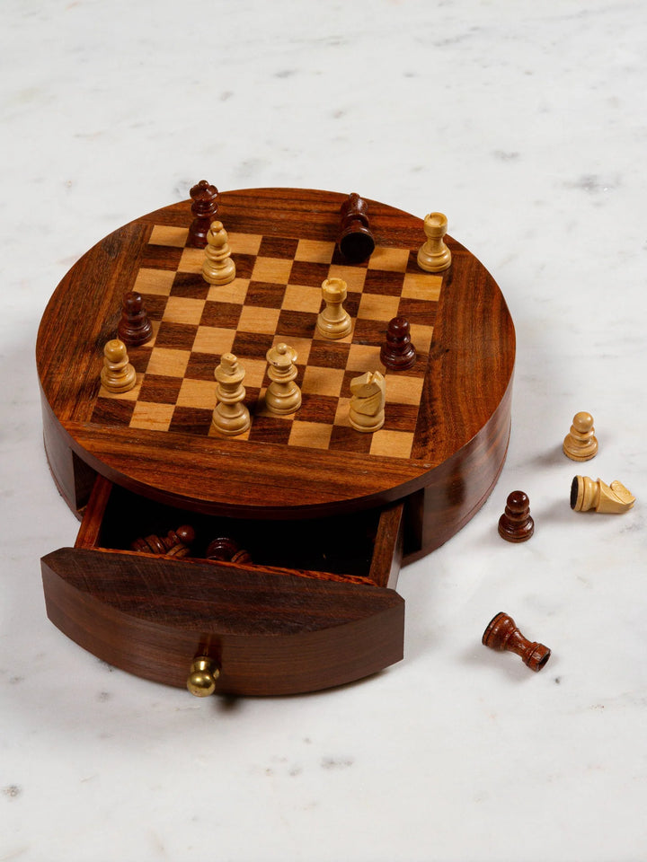 Mango Wood Round Chess Game