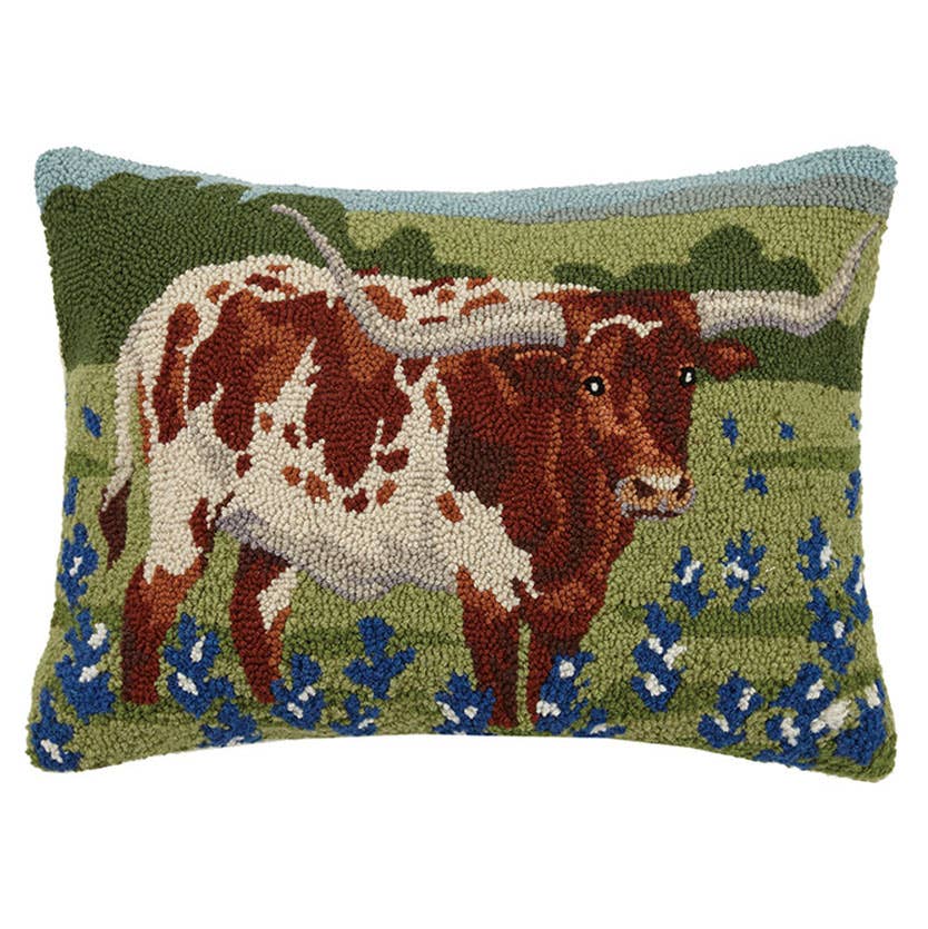 Peking Handicraft Longhorn in Bluebonnet Fields Hook Pillow