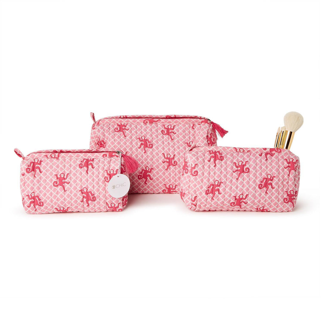 Happy Monkey Block Printed Cotton Quilted Cosmetic and Accessory Bag