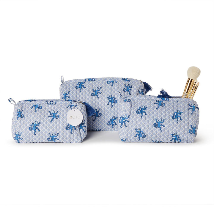 Happy Monkey Block Printed Cotton Quilted Cosmetic and Accessory Bag