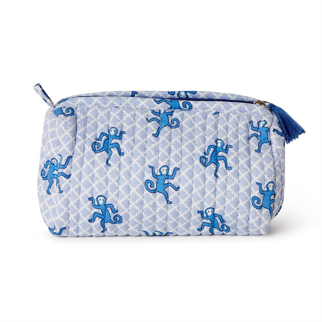 Happy Monkey Block Printed Cotton Quilted Cosmetic and Accessory Bag