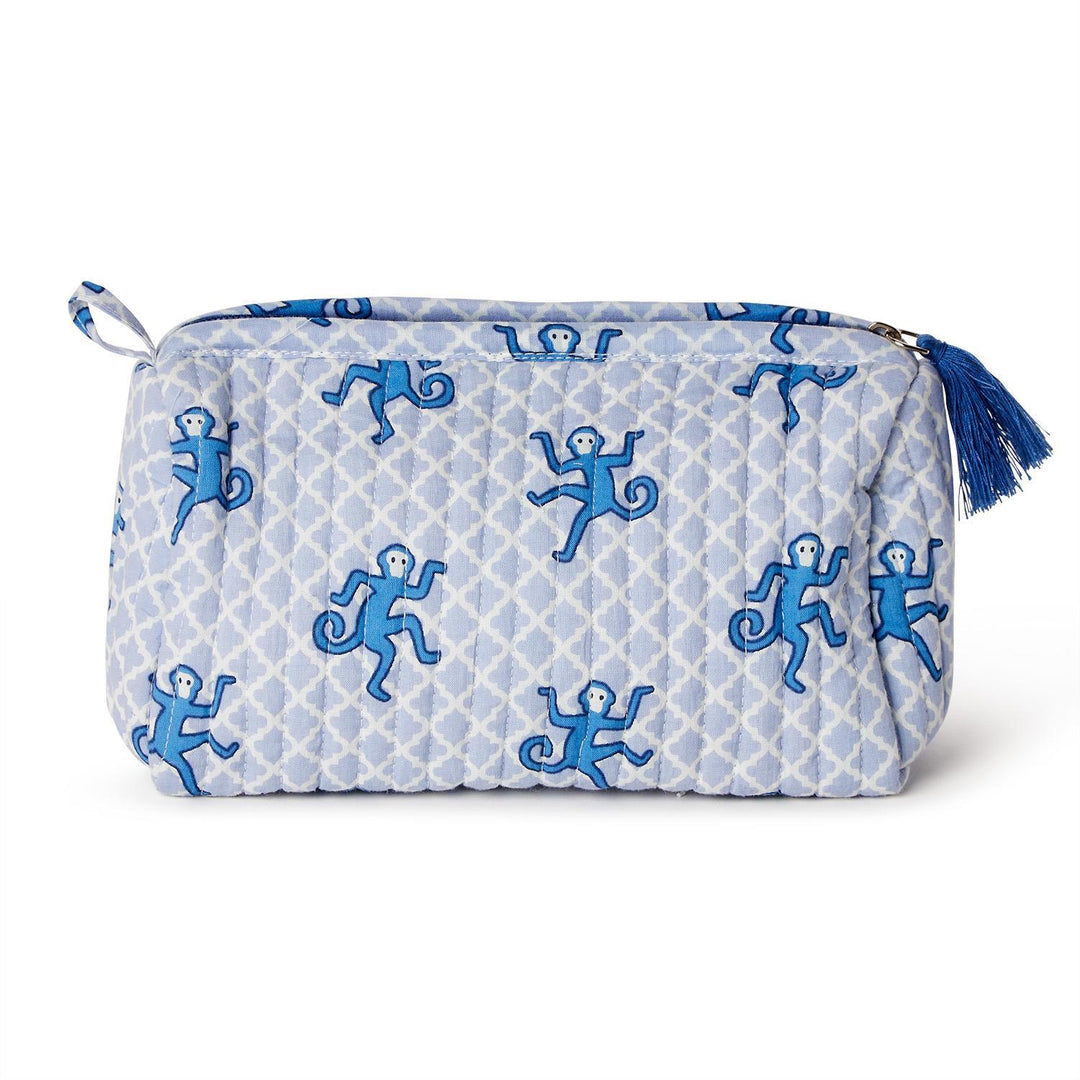 Happy Monkey Block Printed Cotton Quilted Cosmetic and Accessory Bag
