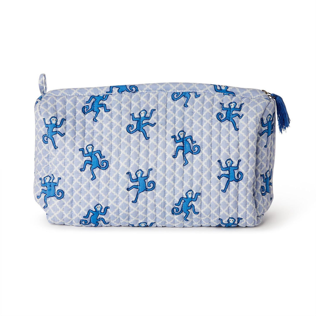 Happy Monkey Block Printed Cotton Quilted Cosmetic and Accessory Bag