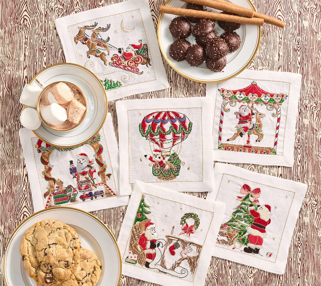 Kim Seybert Santa Cocktail Napkins in White & Multi Set