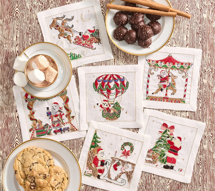 Kim Seybert Santa Cocktail Napkins in White & Multi Set