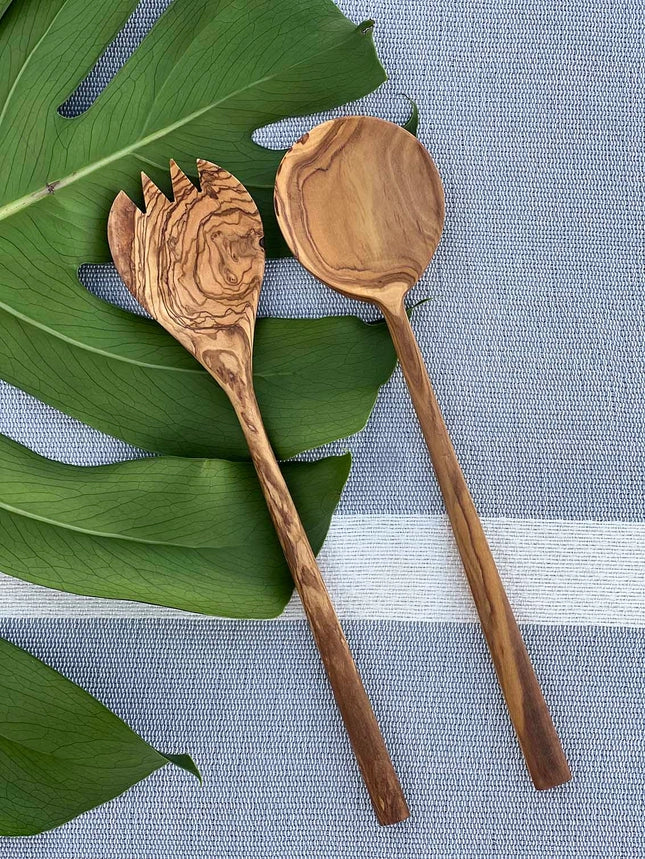 Olive Wood Modern Salad Serving Set
