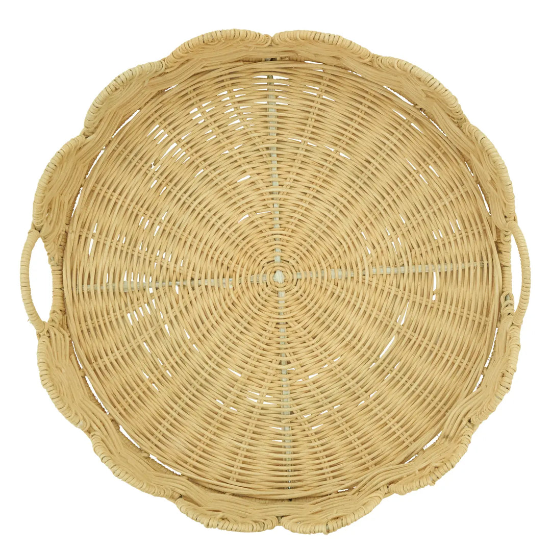 Handwoven Round Scalloped Rattan Serving Tray with Handles