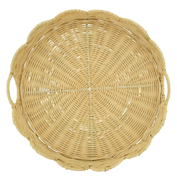 Handwoven Round Scalloped Rattan Serving Tray with Handles