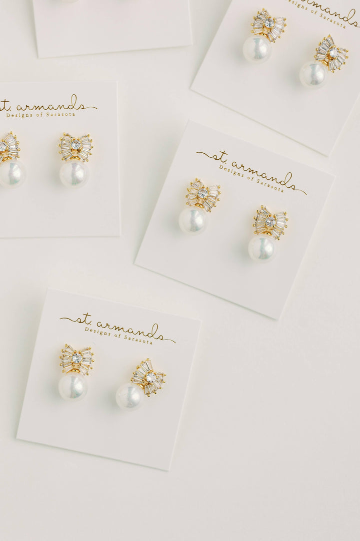 St Armands Gold Pearl Holiday Statement Bow Earrings