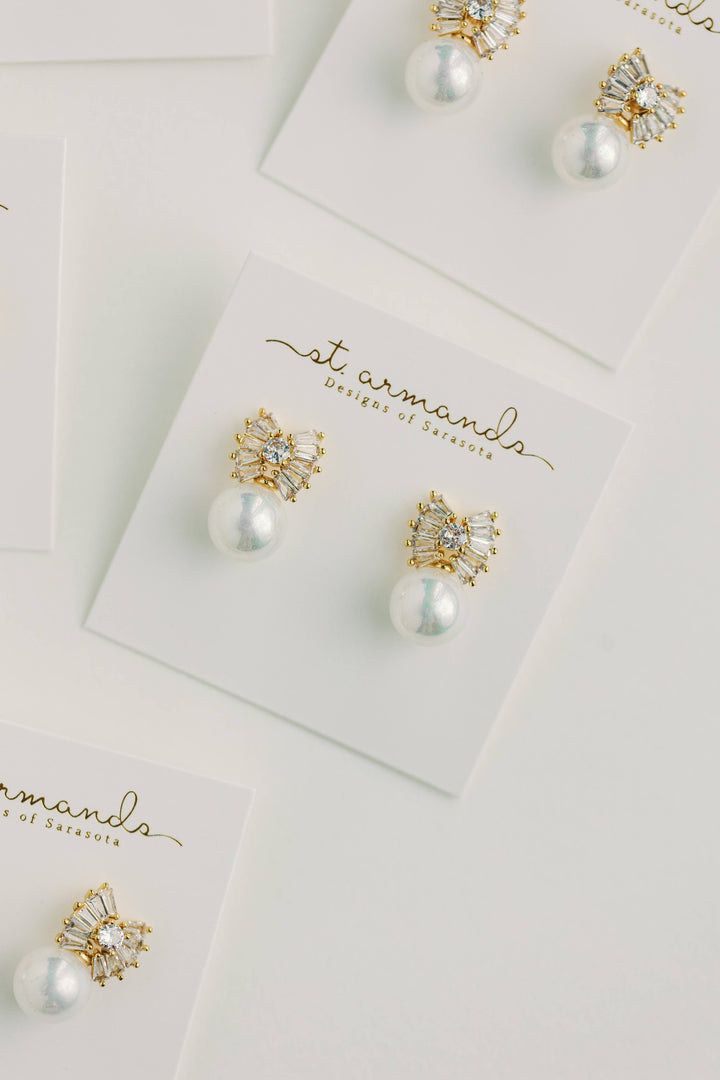 St Armands Gold Pearl Holiday Statement Bow Earrings