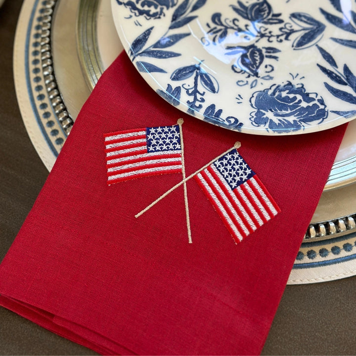 Red American Flags Linen Towel