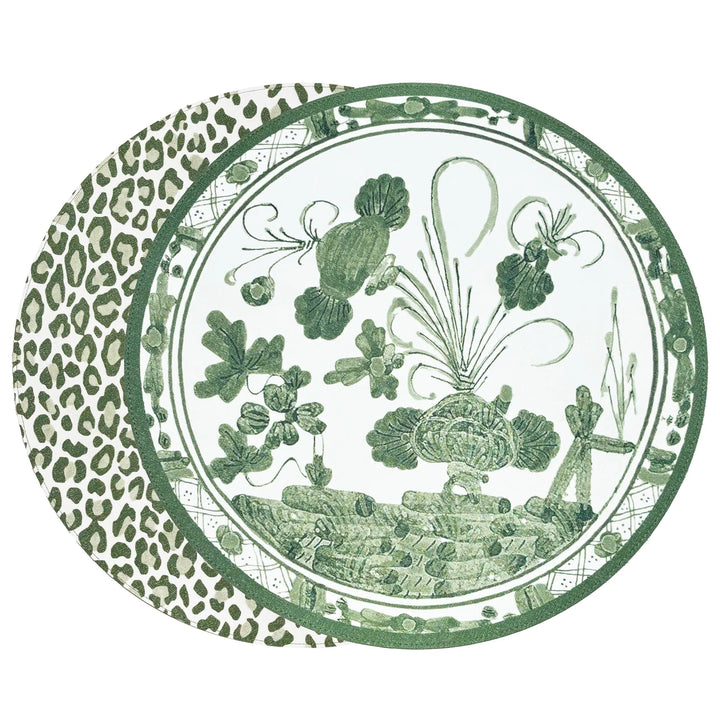 Beatriz Ball Green & White Vida Faenza and Leopard Reversible Round Placemat