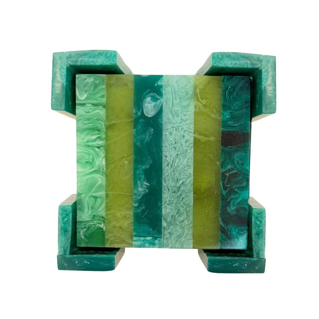 Laura Park Designs Green Resin Striped Square Coaster