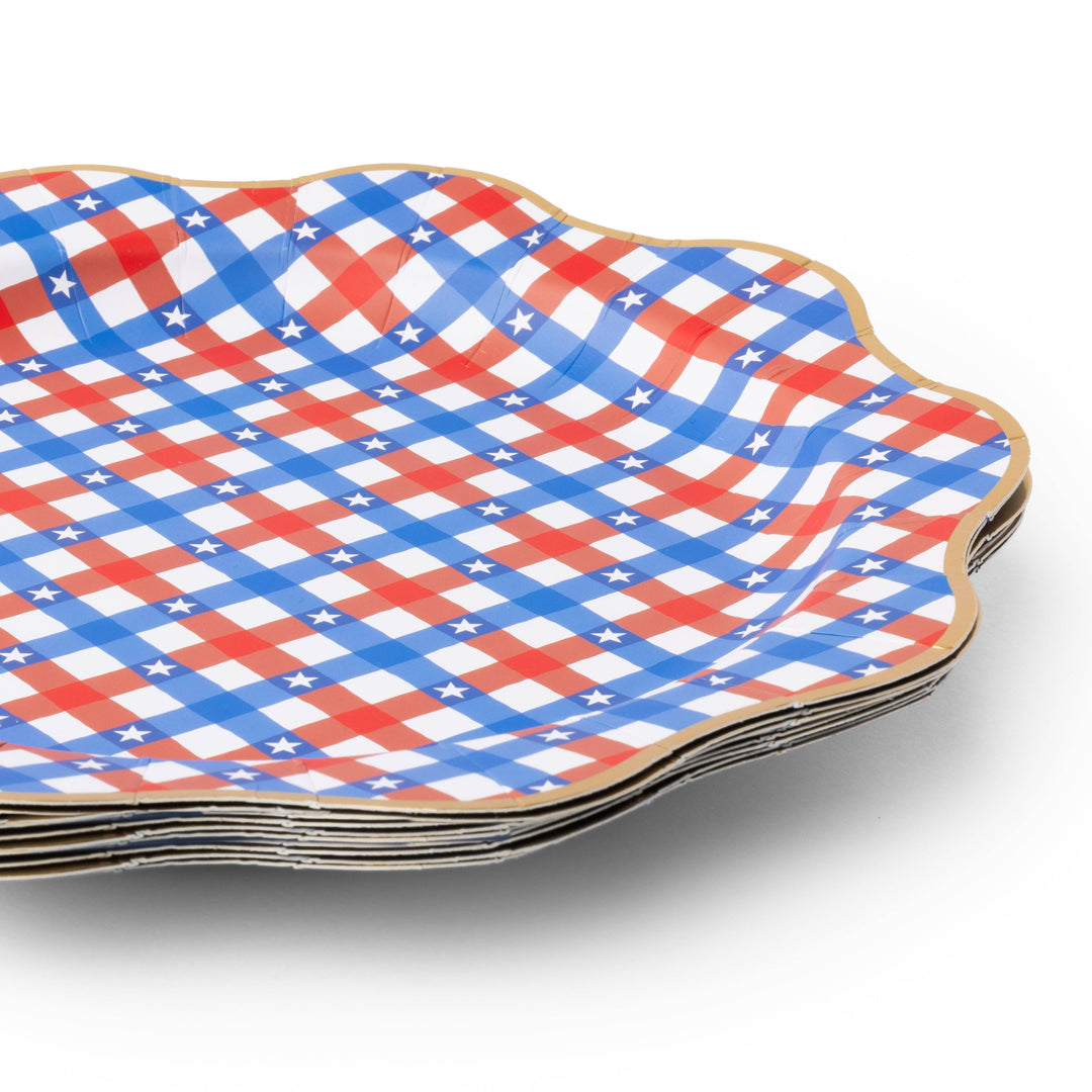 Bonjour Fête Red & Blue Gingham Star Paper Dinner Plates