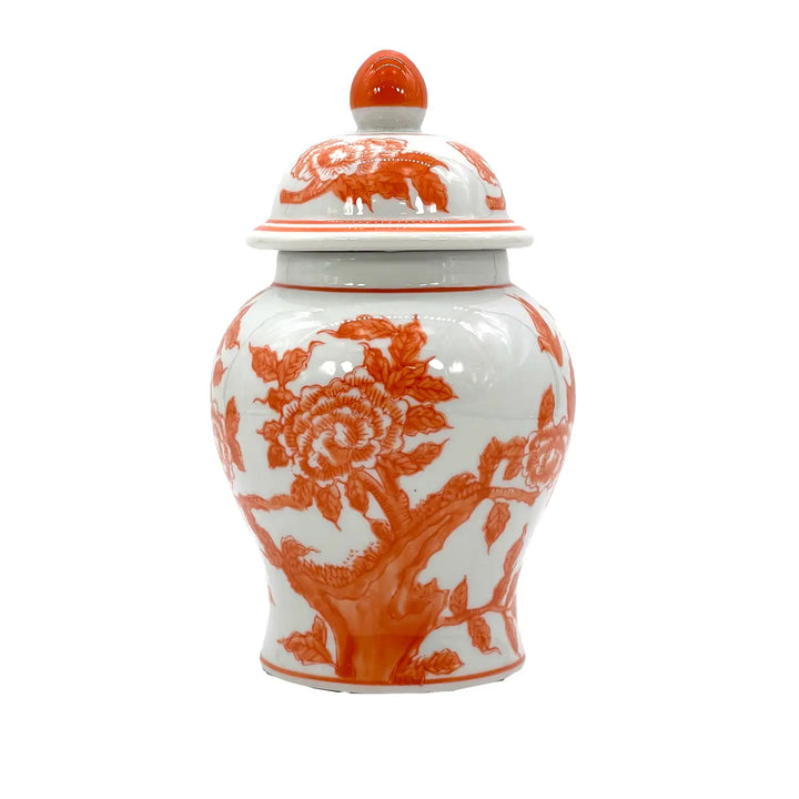 Orange and White Small Chinoiserie Ceramic Decorative Tea & Ginger Jar