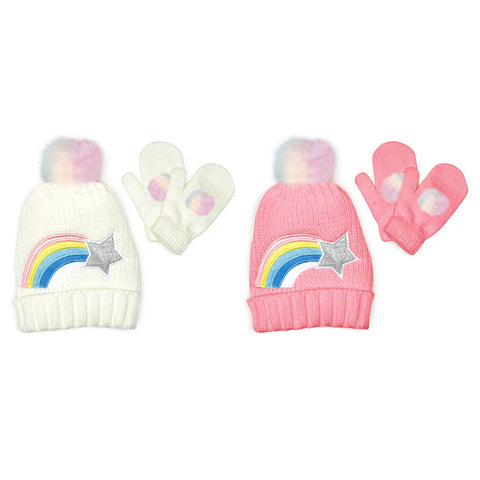 Rainbow Shooting Star Knit Hat and Pom Pom Mittens Set - Assorted