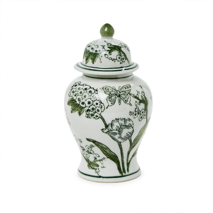Primrose and Lotus Hand-Painted Green and White Chinoiserie Jar