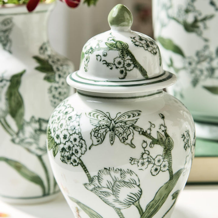 Primrose and Lotus Hand-Painted Green and White Chinoiserie Jar