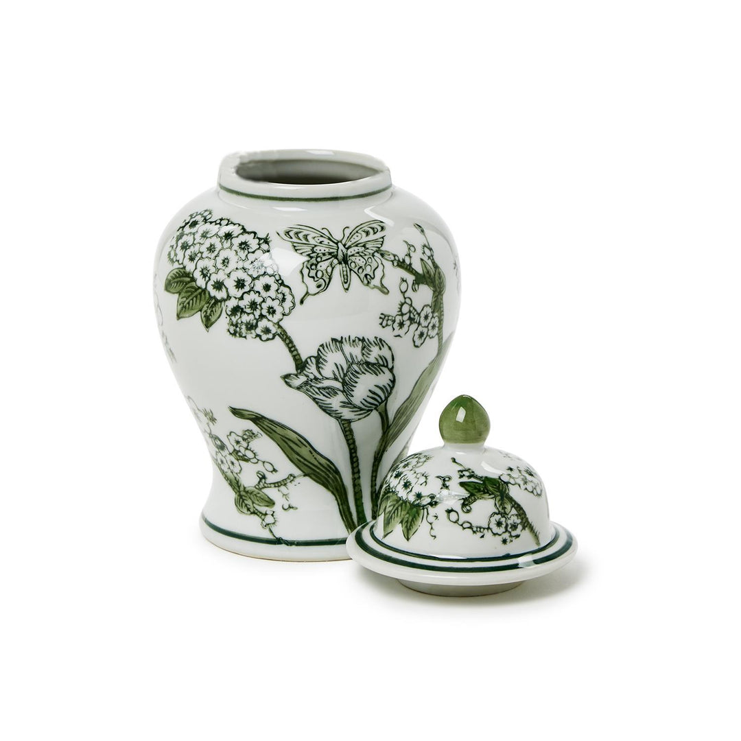 Primrose and Lotus Hand-Painted Green and White Chinoiserie Jar