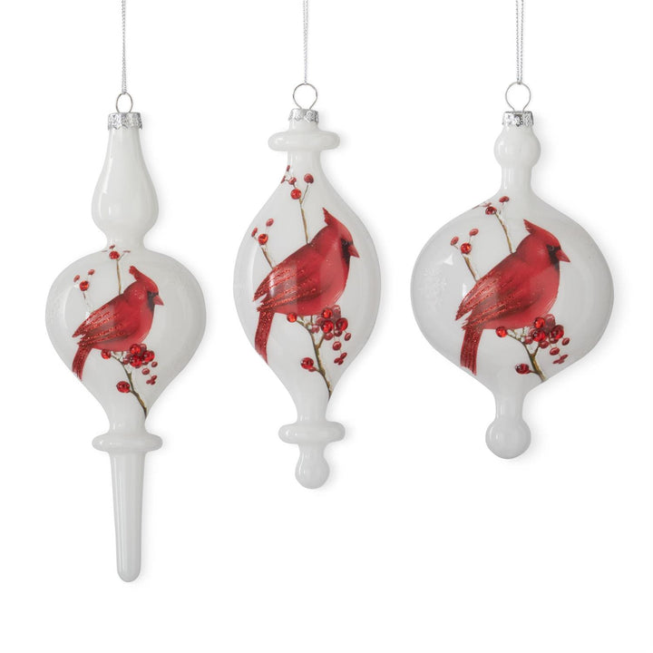 Assorted White Glass Cardinal & Bead Finial Ornament