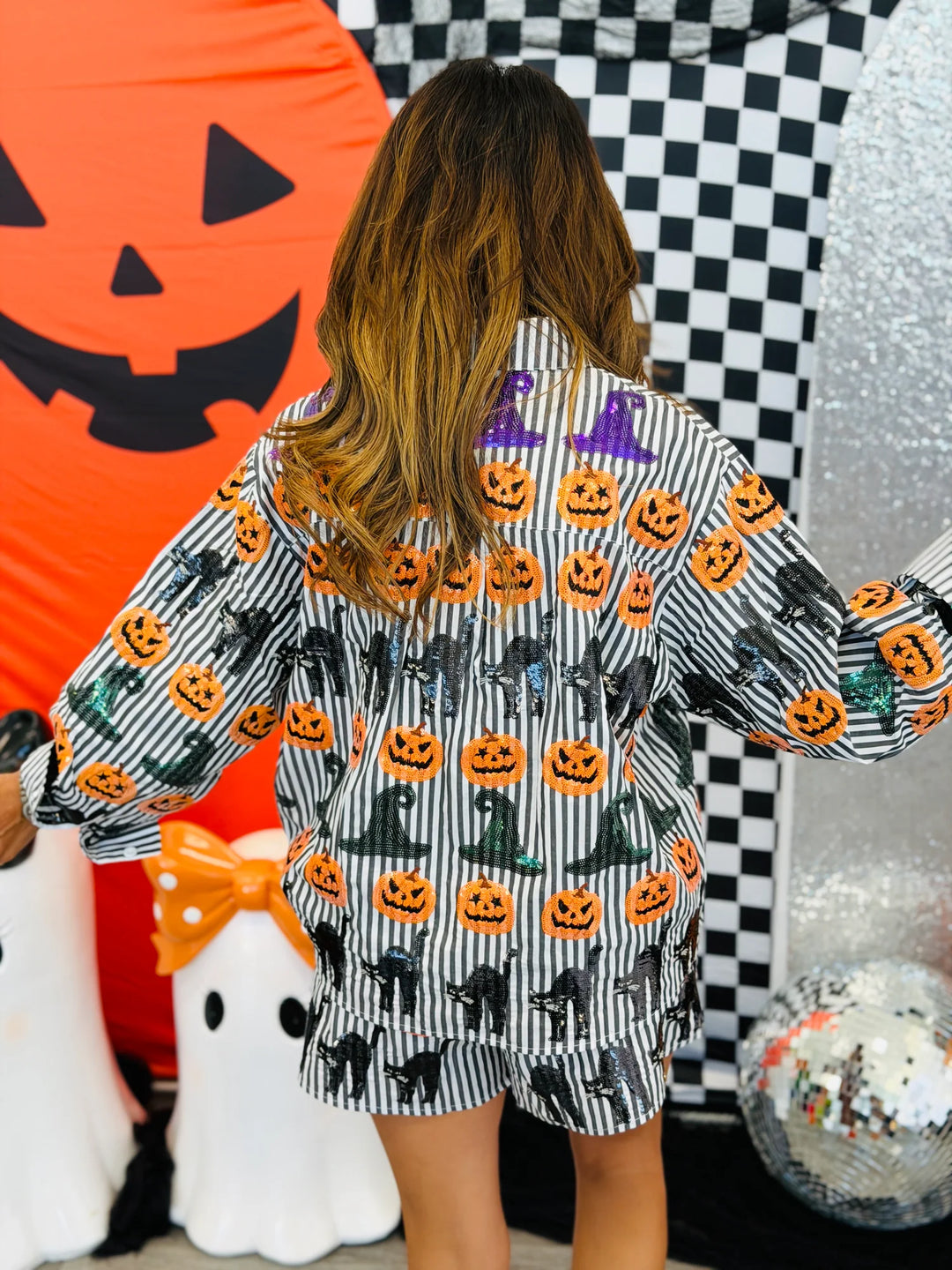 Queen of Sparkles Black & White Striped Witch Hat, Pumpkin & Cat Icon Cotton Button Up Top