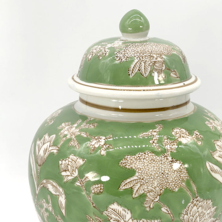 Green & White Floral Peony Ceramic Chinoiserie Jar