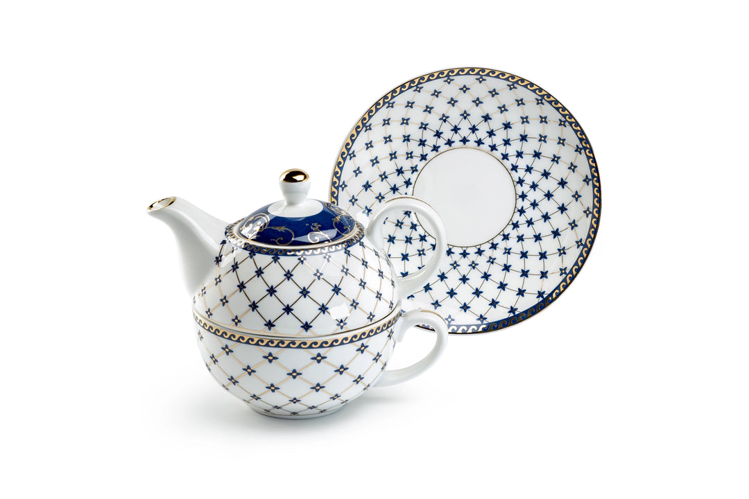 Trellis Blue Gold Fine Porcelain Tea For One Set