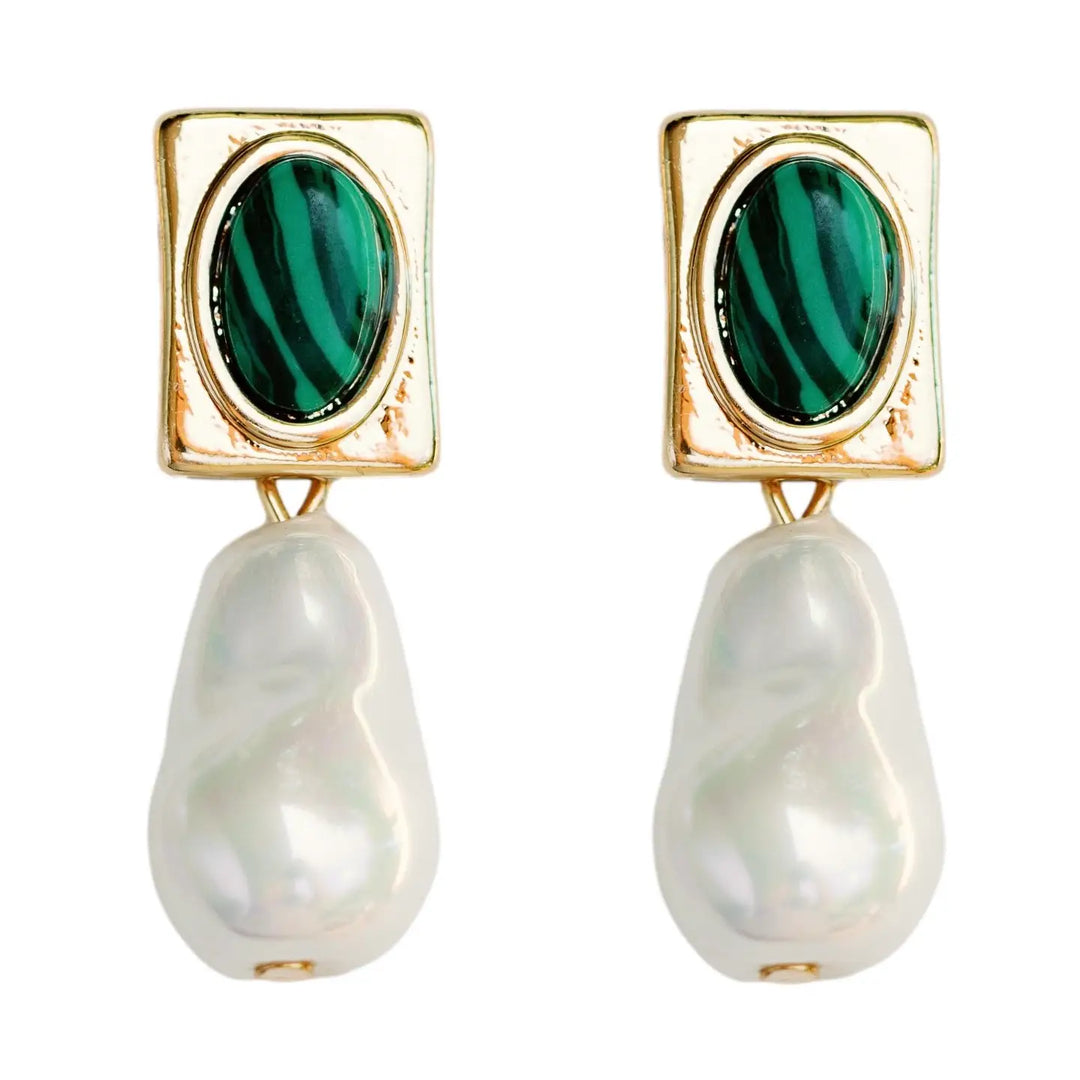 Vintage Square Malachite and Natural Pearl Drop Earrings