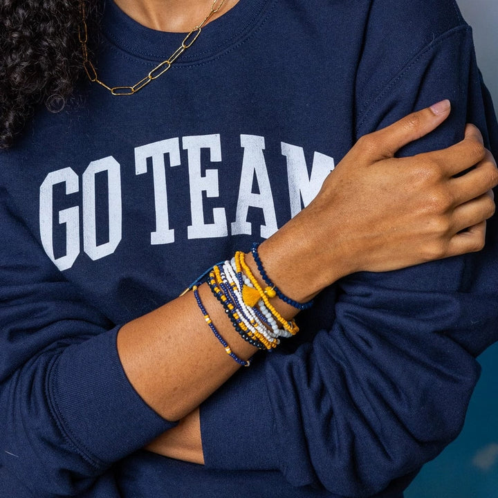 Navy & Yellow Game Day Color Block Beaded 10 Strand Stretch Bracelets