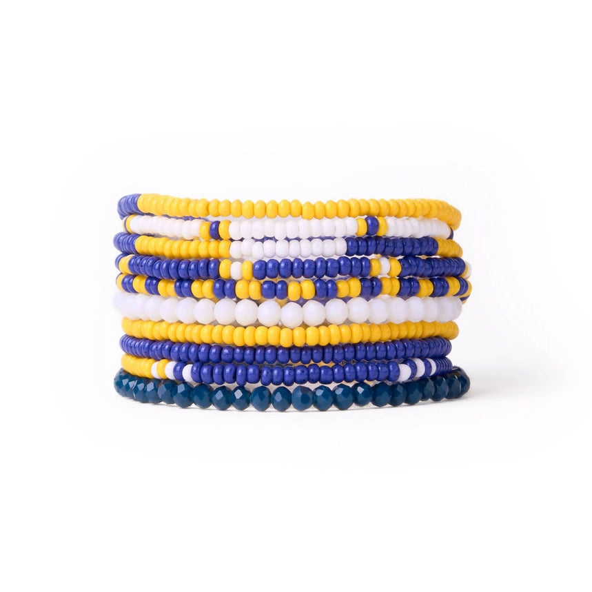 Navy & Yellow Game Day Color Block Beaded 10 Strand Stretch Bracelets