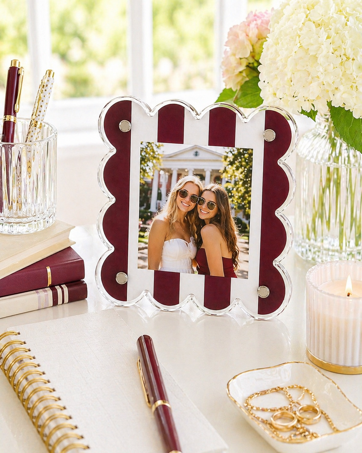 Lauren Dunn Maroon and White Striped Gameday Scalloped Acrylic Frame