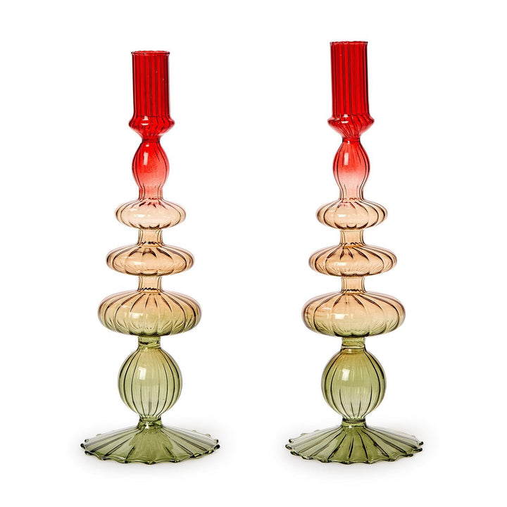 Two's Company Holiday Ombre Hand-Blown Glass Candlestick