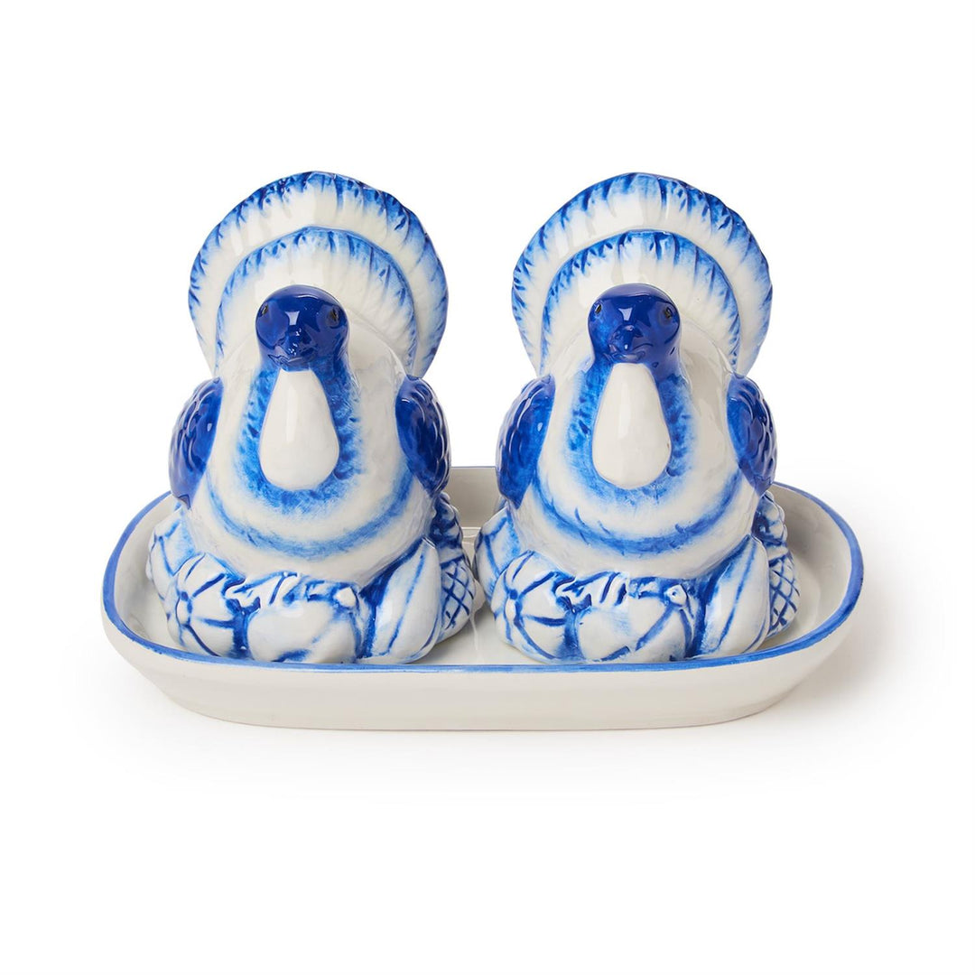 Blue & White Turkey Salt and Pepper Shaker Set with Tray