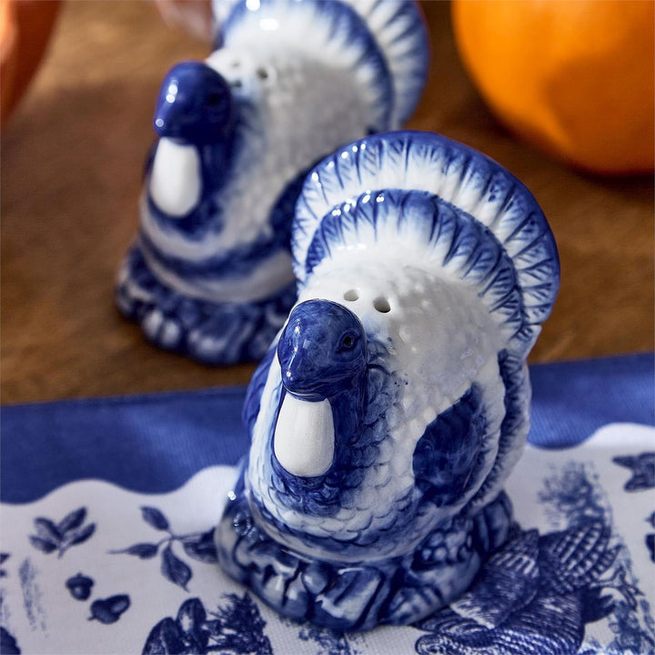 Blue & White Turkey Salt and Pepper Shaker Set with Tray