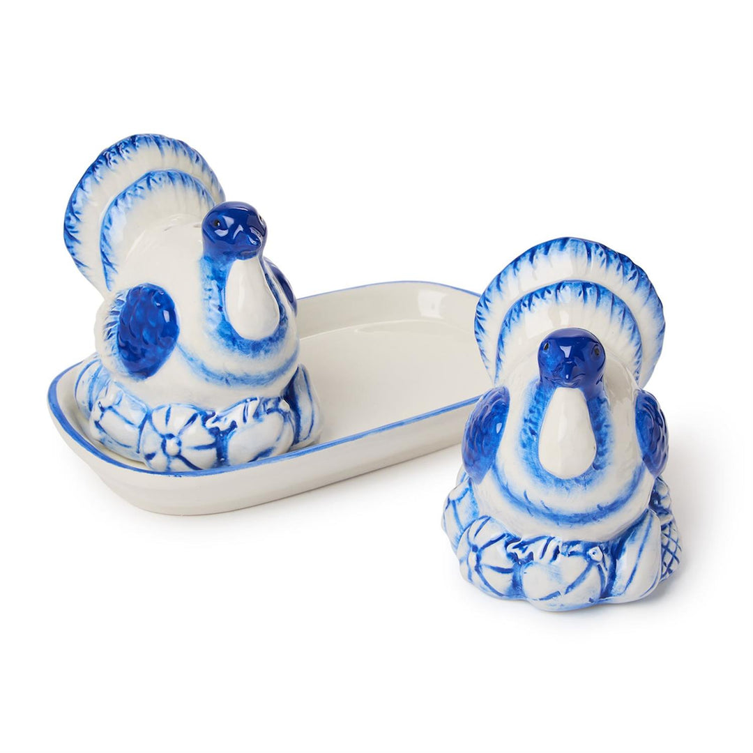 Blue & White Turkey Salt and Pepper Shaker Set with Tray