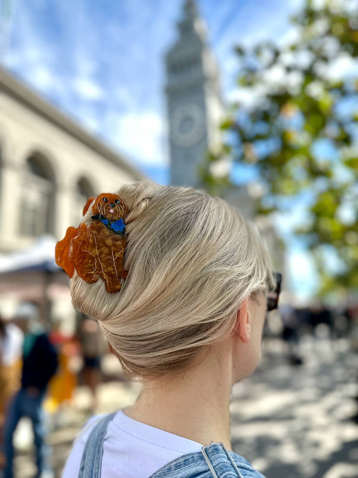 Solar Eclipse Hand-painted Golden Doodle Dog Claw Hair Clip