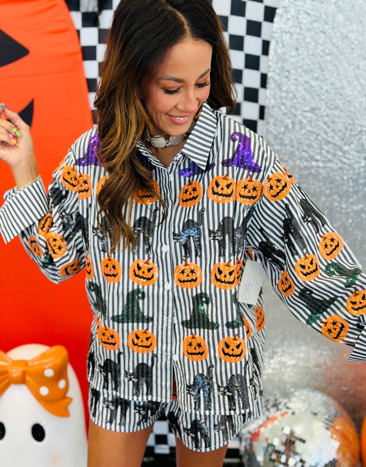 Queen of Sparkles Black & White Striped Witch Hat, Pumpkin & Cat Icon Cotton Button Up Top