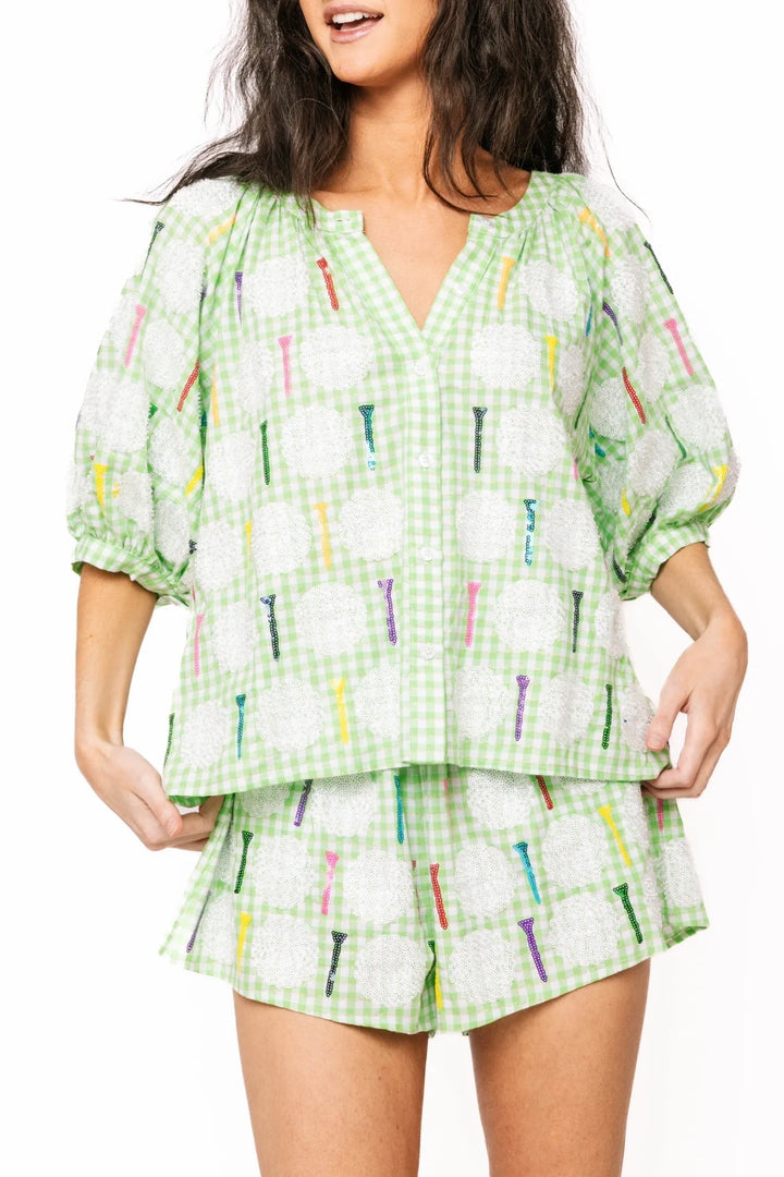 Queen of Sparkles Green & White Gingham Golf Ball & Golf Tee Button Up