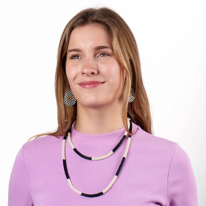 Allie Seed Bead Long Necklace Black + White