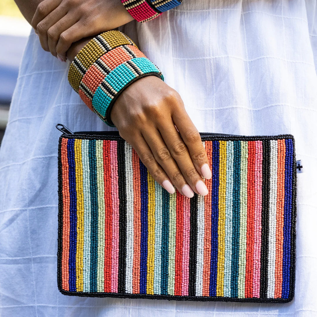 Annabella Vertical Stripes Beaded Clutch Multicolor