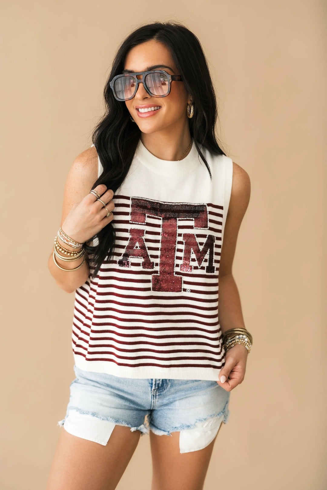 Queen of Sparkles Licensed Texas A&M Mascot Striped Knit Tank
