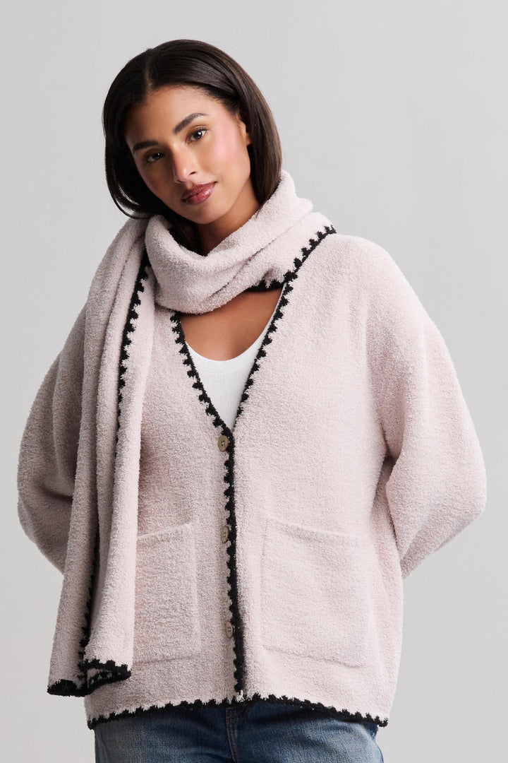 Barefoot Dreams CozyChic Blanket Stitch Cardigan with Detachable Scarf