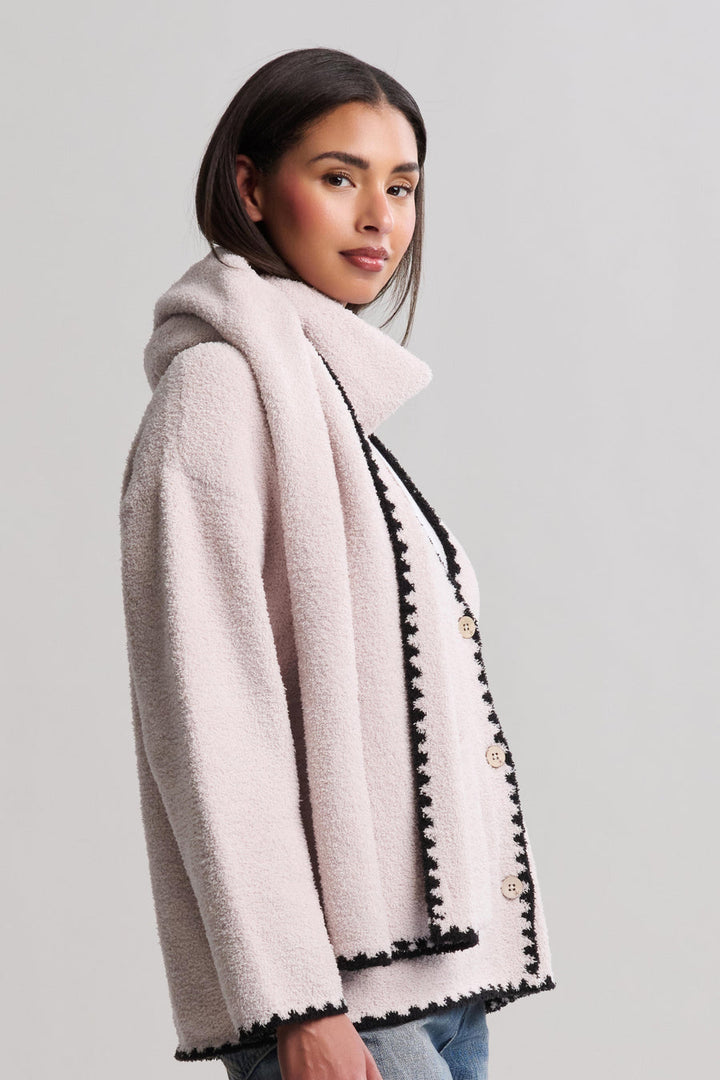 Barefoot Dreams CozyChic Blanket Stitch Cardigan with Detachable Scarf