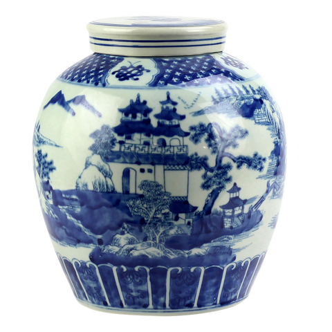 Blue & White Chinoiseries Lidded Jar